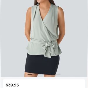 V Neck Sleeveless Wrapped Tie Front Shirred Work Blouse
